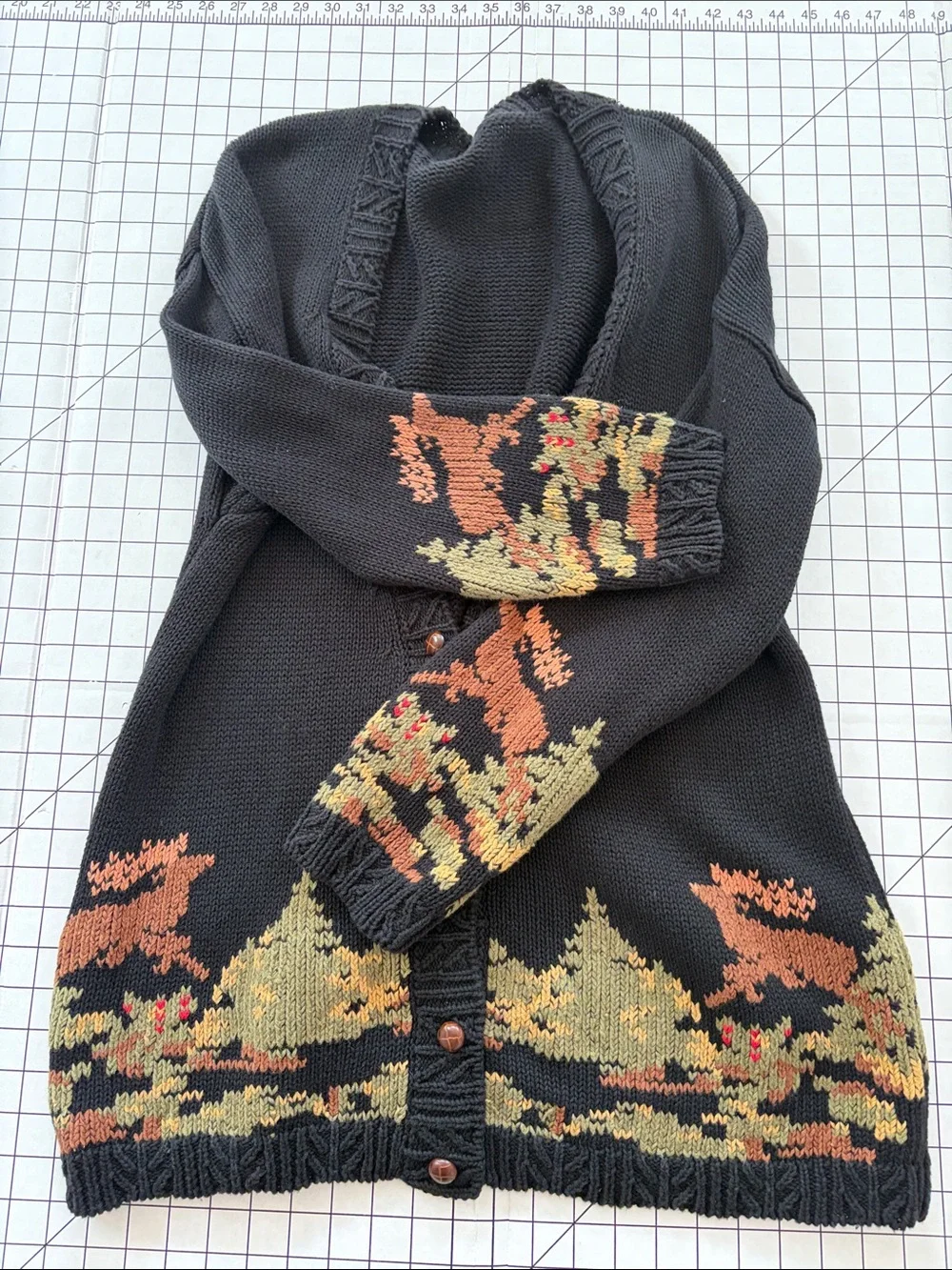 Cambridge Dry Goods No Tag Black Cardigan w Deer Forest Border Scene Flaw LG/XLG
